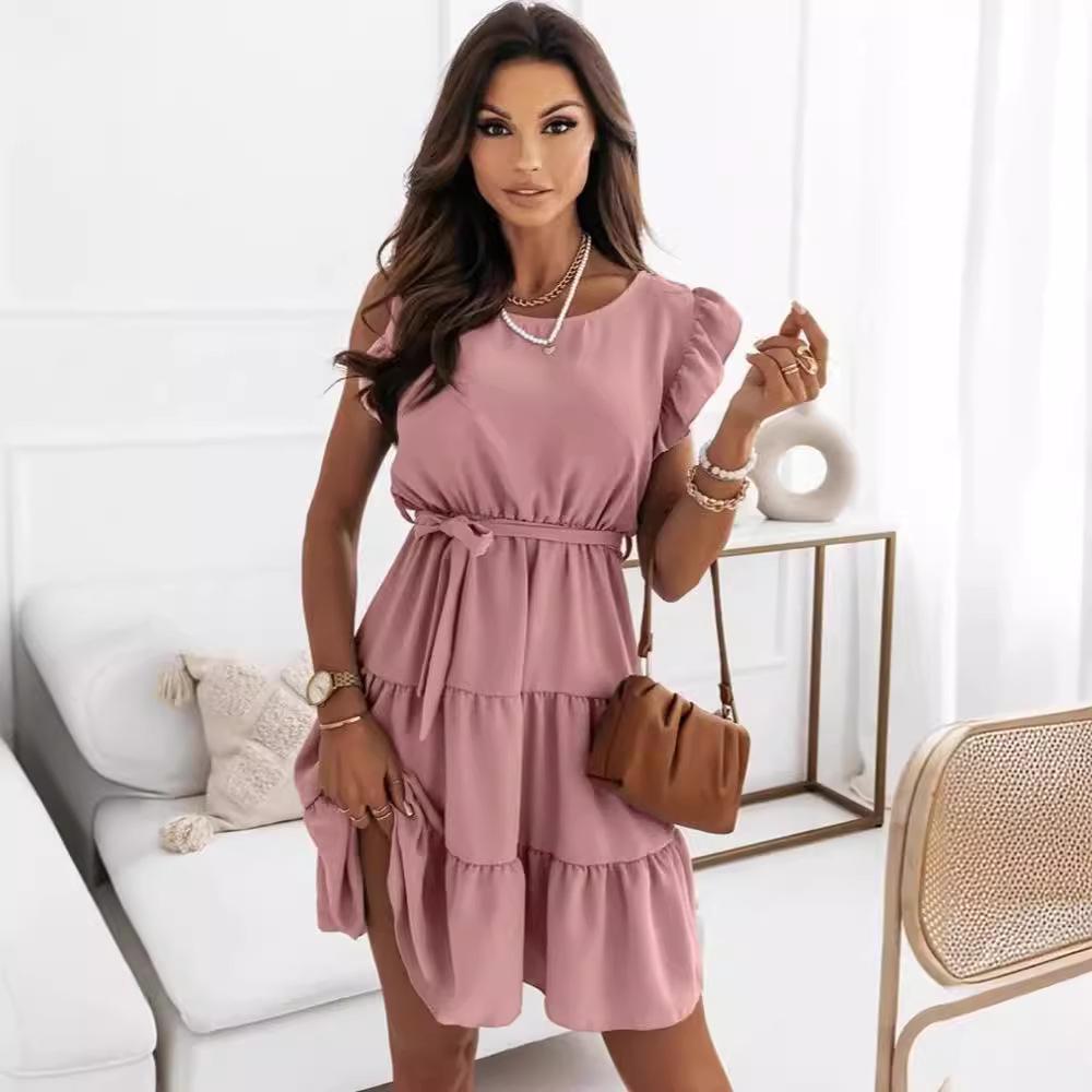 Dress summer women's new independent station solid color round neck short sleeve ruffle edge strap waist skirt