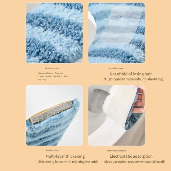 1 Pair Toilet Mat Striped Pattern Thickened Design Plush Warm Toilet Seat Protector Easy Installation Bathroom Mat
