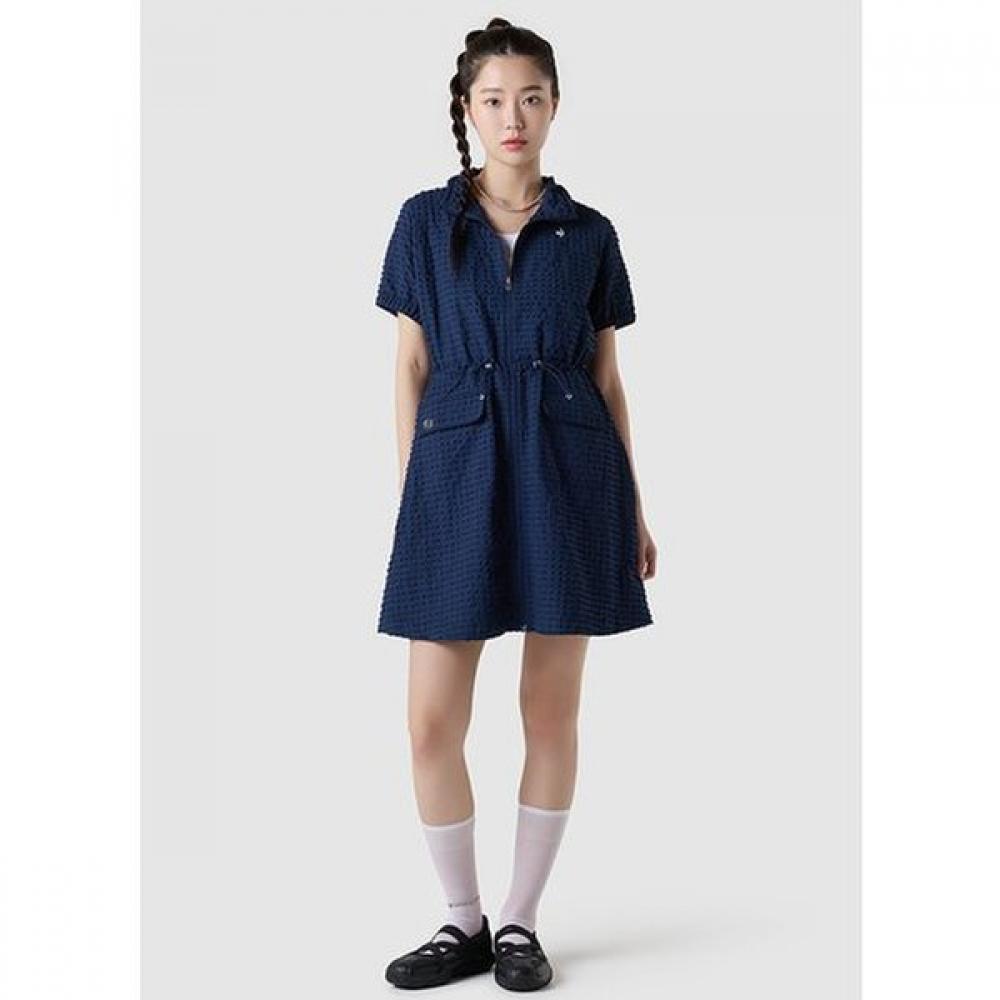Le Coq Sportif Women crinkLe Seersucker Full Zip Short sLeeve Dress Dnv Qq222oop LBL blue/90 M