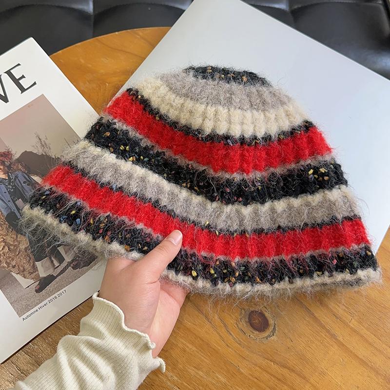 Contrast color splicing plush knitted hat women's new autumn and winter fashion temperament show face small ear protectors wool bucket hat