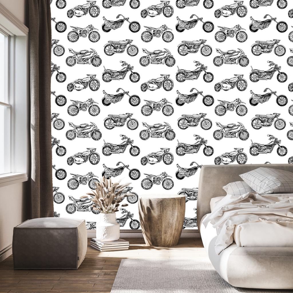 Wallpaper Black and White Drawn Motorcycles for Living Room and Bedroom 50x1000