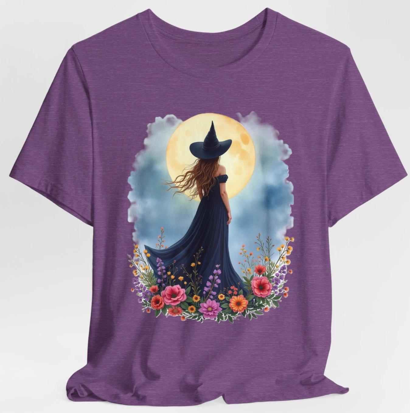 Witch Under Full Moon T-Shirt Mystical Floral Witch, Wiccan Aesthetic Halloween XL