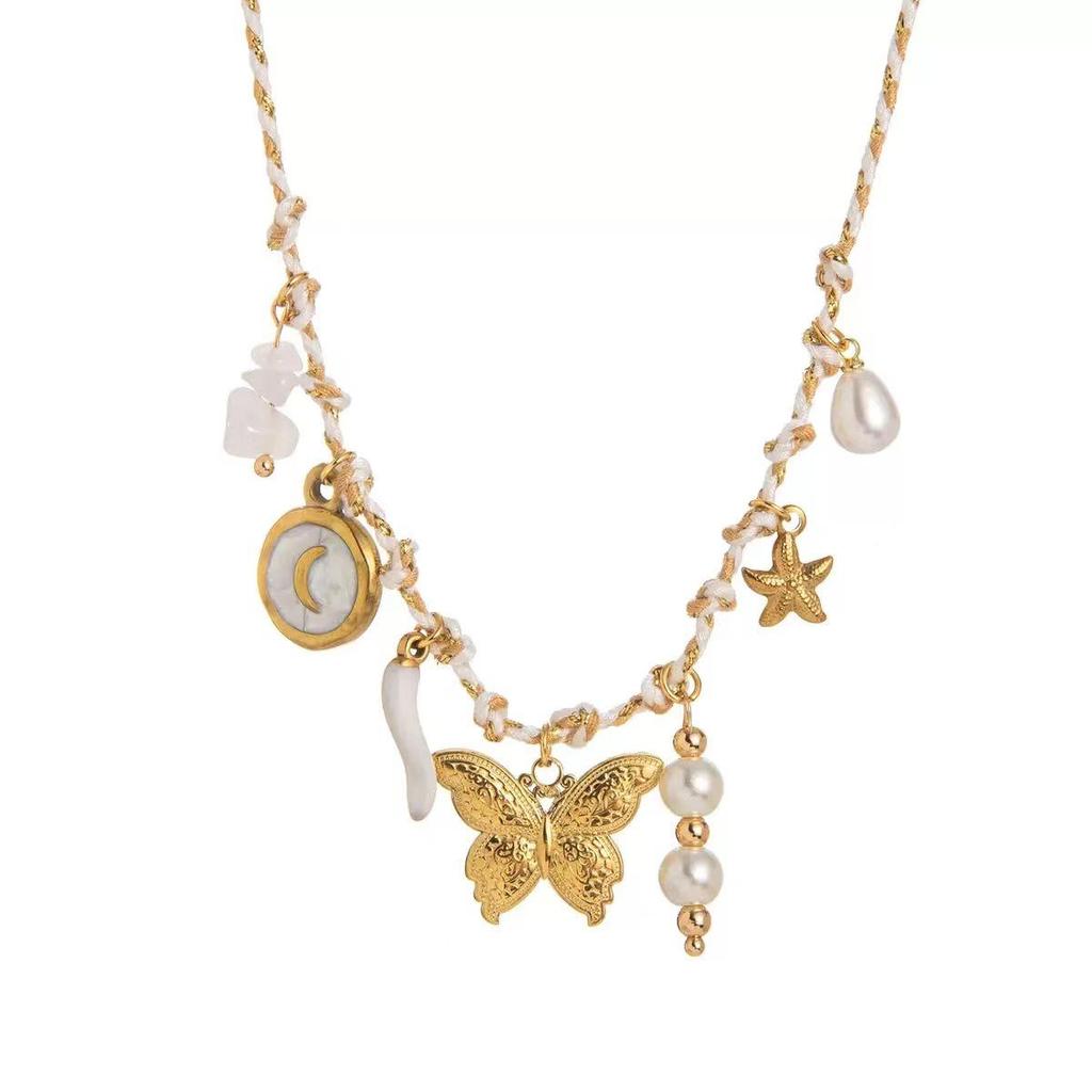 Conjunto de Pulsera y Collar Estilo Océano con Conchas y Estrellas Marinas de Acero Inoxidable