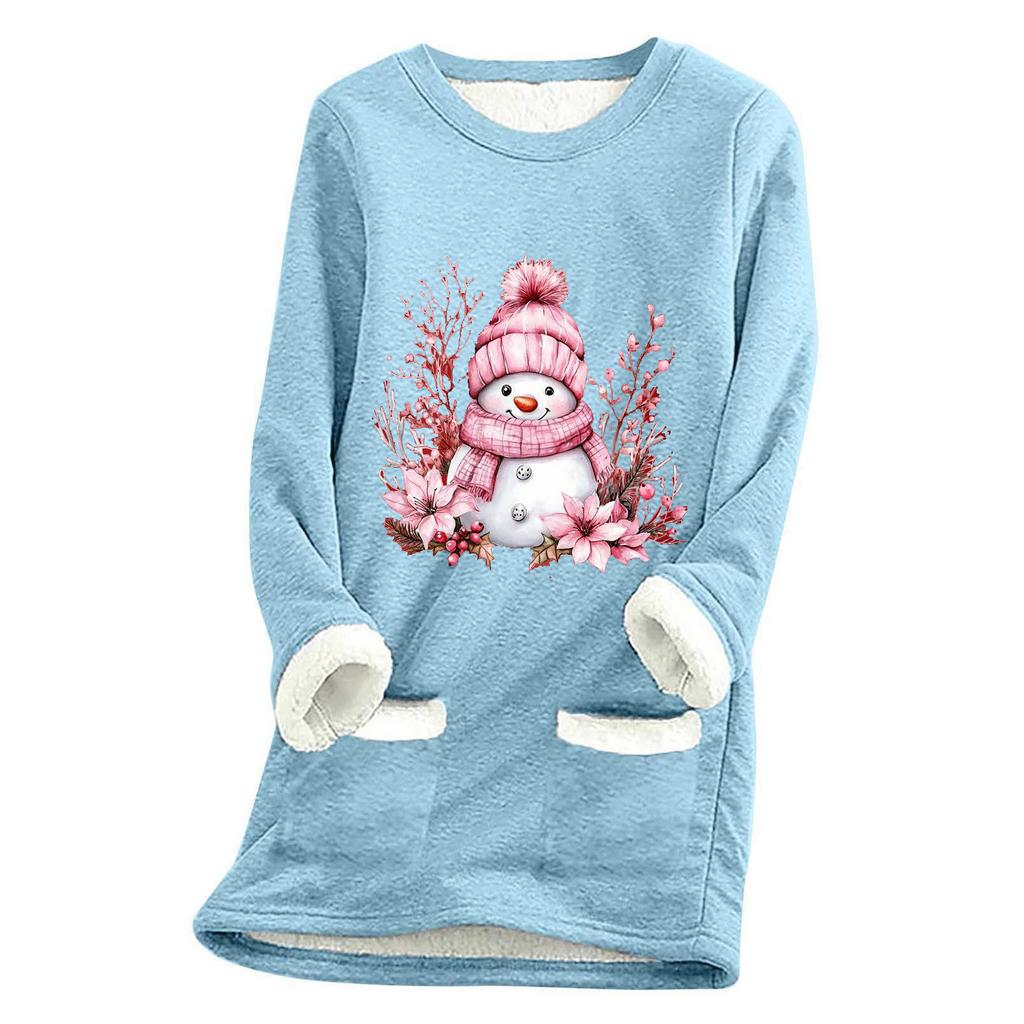 Damska luźna i wygodna bluzka z okrągłym dekoltem i nadrukiem świątecznym, z kieszeniami i długim rękawem