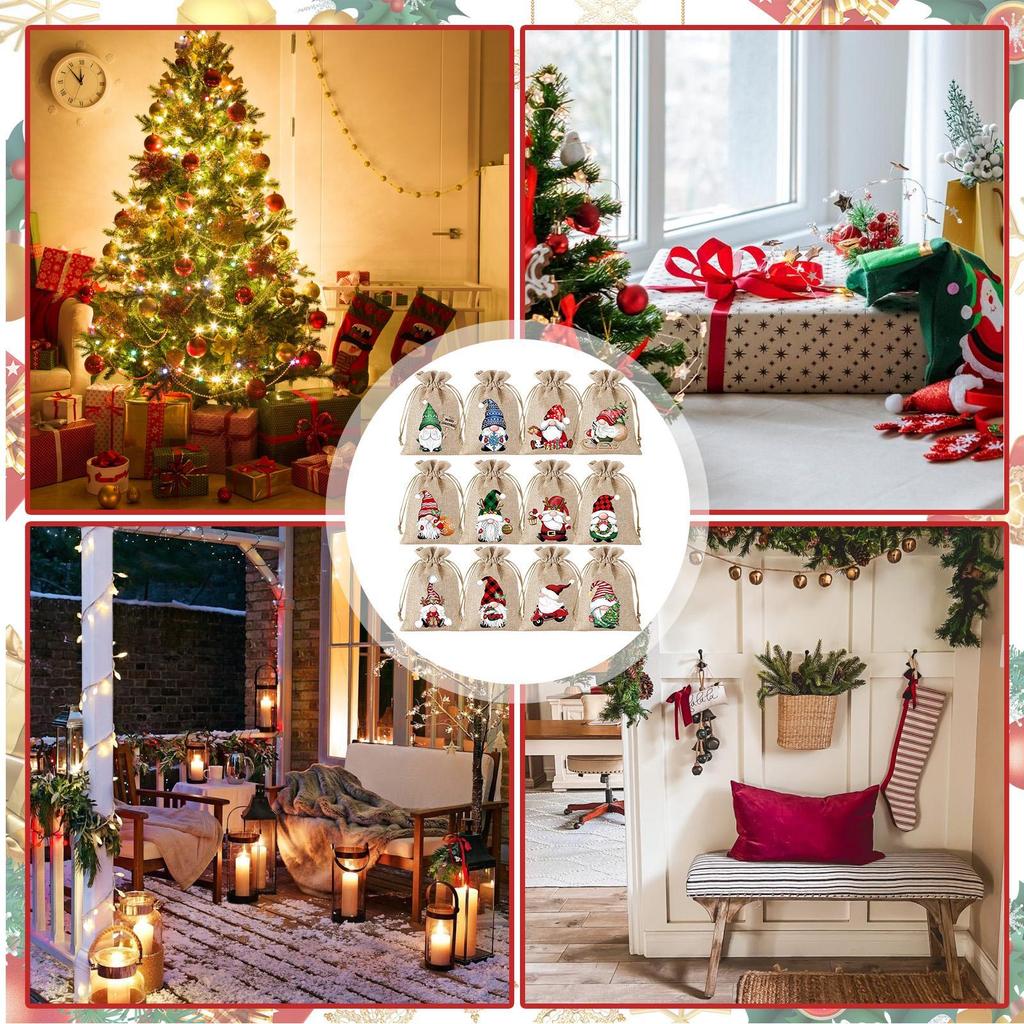 12Pcs Christmas Small Burlap Bags With Drawstring, Burlap Gift Bags Christmas Treat Sacks Gift Wrapping Bags
