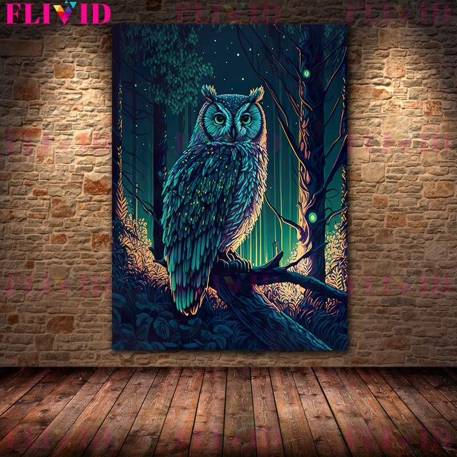 

Таинственное искусство совы под полной луной, настенная живопись маслом, волшебная ночь, кошка, художественный постер и печать 21*30cm No Frame