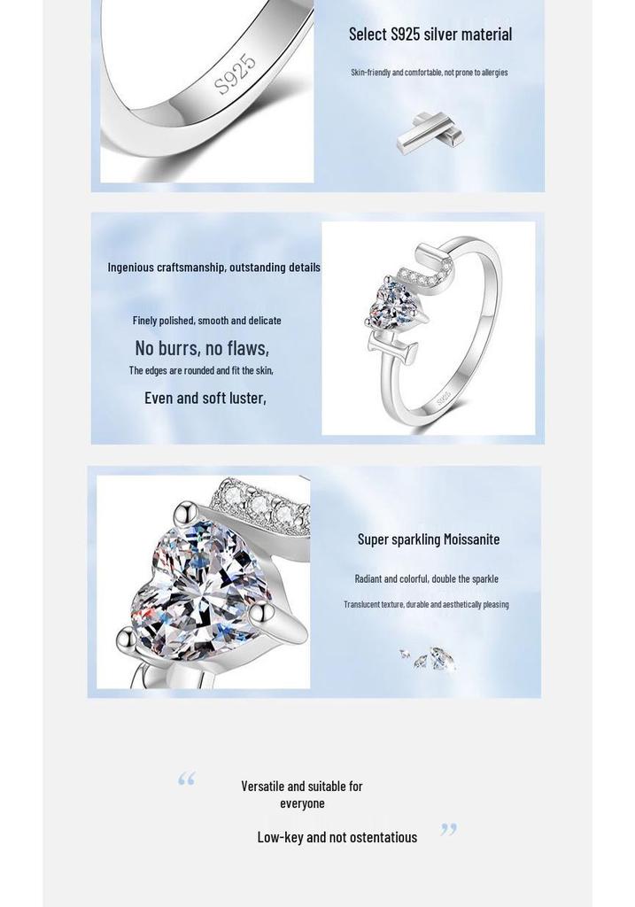 S925 Sterling Silver Heart Letter Adjustable Women's Ring
