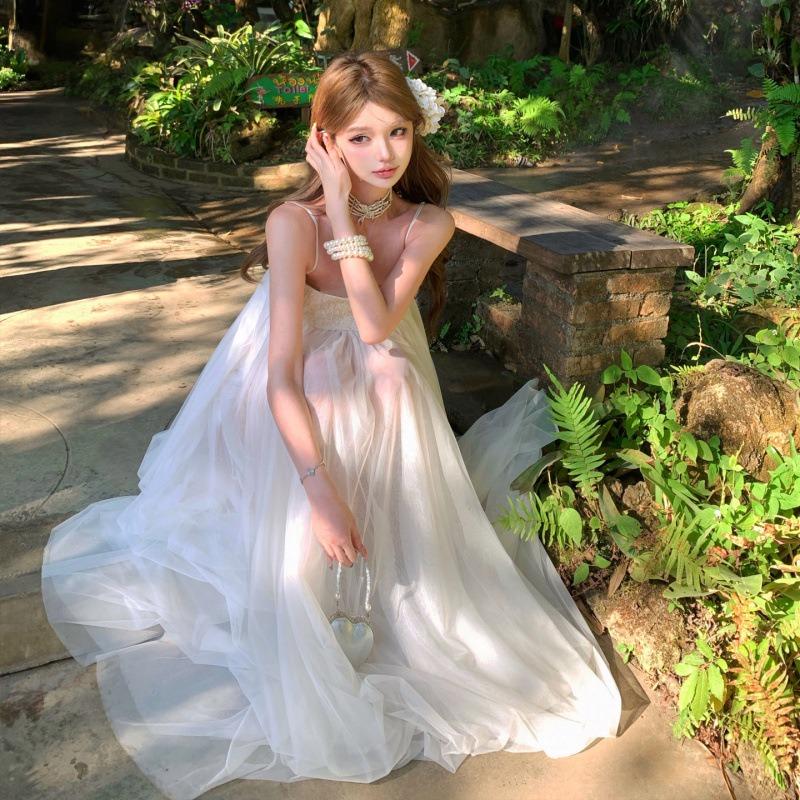 Holiday Fairy Light Luxury Mesh Suspender Dress Women's Summer New Daughter Feeling White Temperament Sleeveless Long Dress