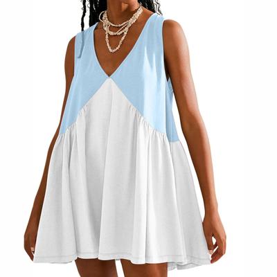 Women's V Neck SleevelessDress Loose Summer Pleated Swing Flowy Sundress