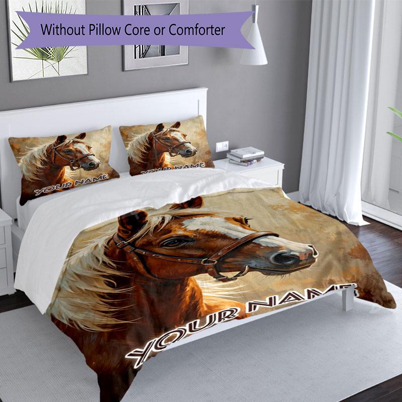 3PC Custom Name Horse Portrait Art Bedding Set Duvet Cover Closure Includes 1 Duvet Cover & 2 Pillowcases for Bedroom