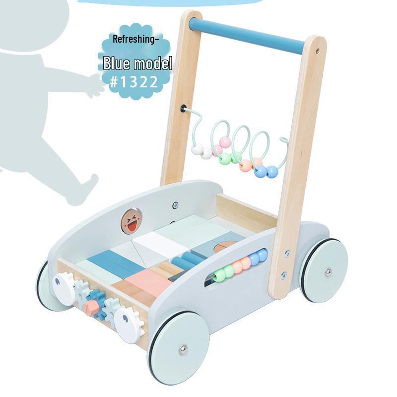 Multifunctional Wooden Baby Push Walker with Tool Basket and Anti-Bowlegs Design