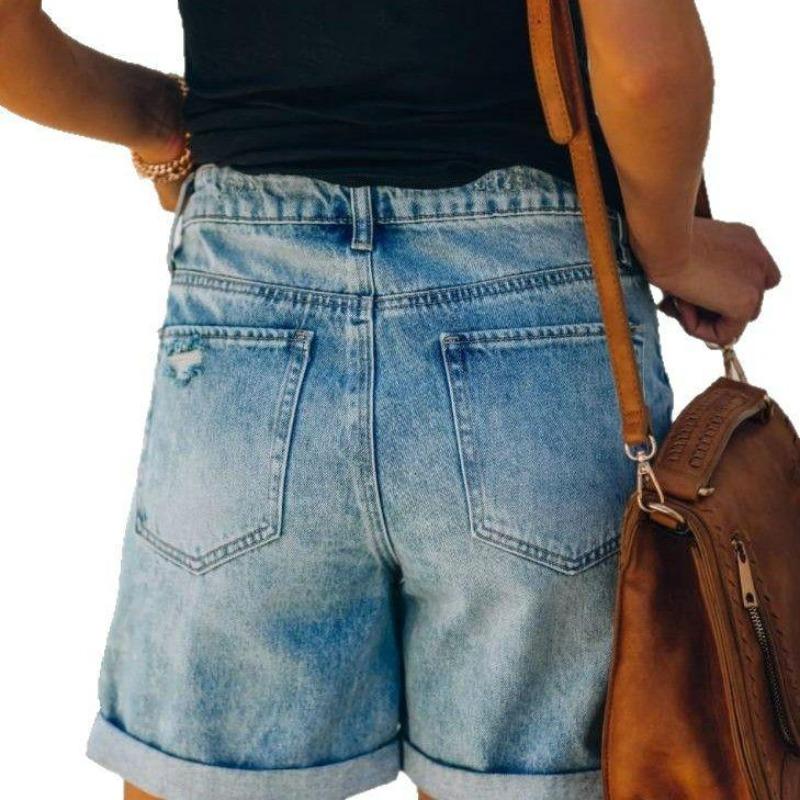 Women's Distressed Denim Shorts Mid Rise Raw Hem Casual Summer Jean Shorts