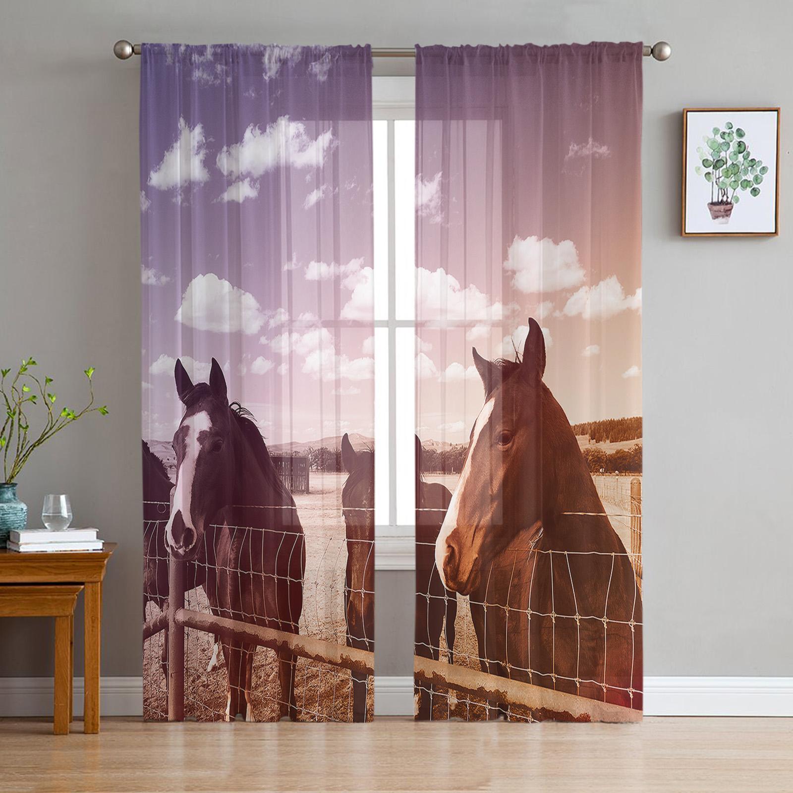 Schwarz Weißes Pferd Aquarell Druck Tüll Durchsichtig Fensteröffnung Vorhänge für Wohnzimmer Küche Kinderzimmer Raum Voile Hängender Vorhang 1 PCS W100XH250cm&Rod Pocket