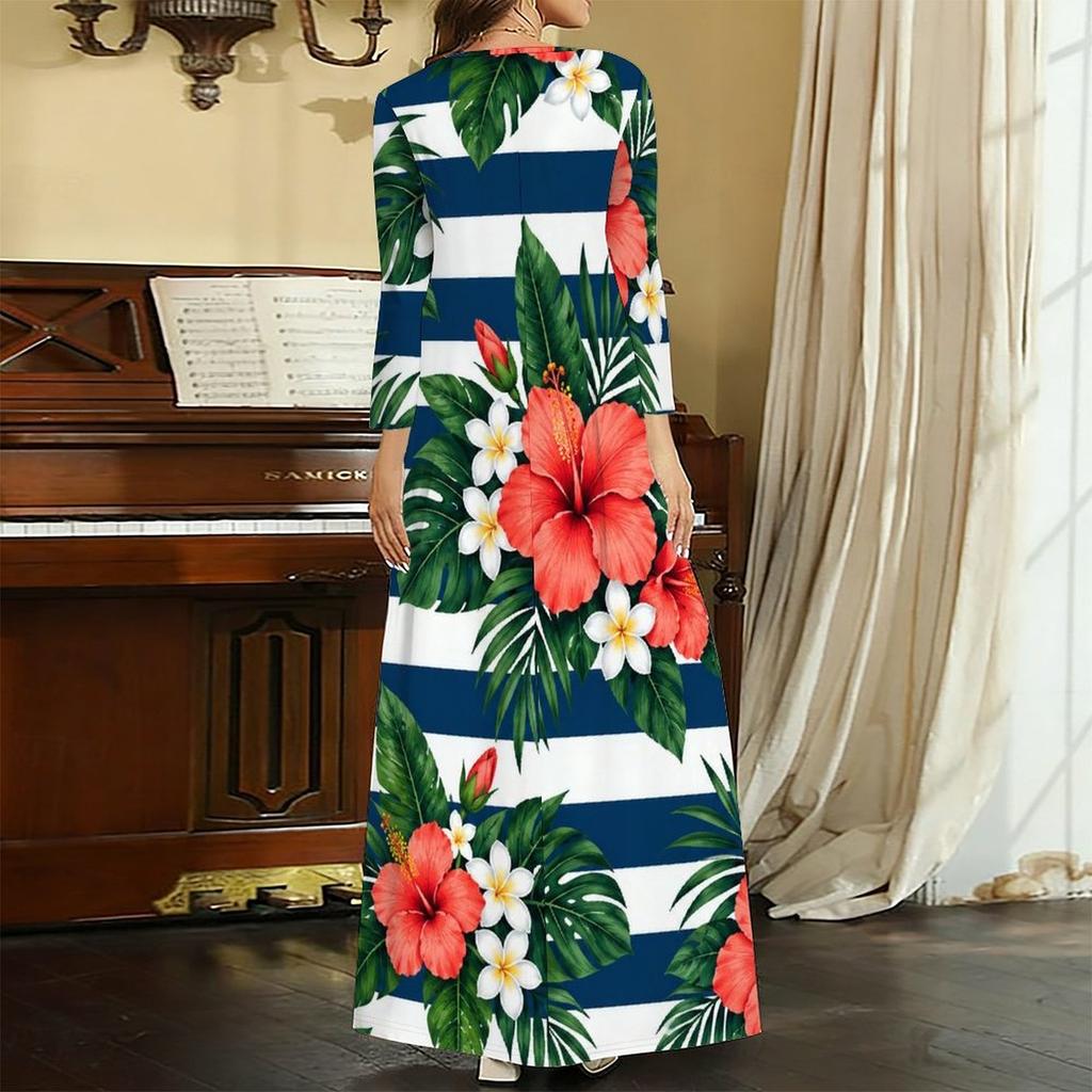 Women Plus Size V Neck Three Quarter Sleeve Black Yellow Floral Printed Long Dress