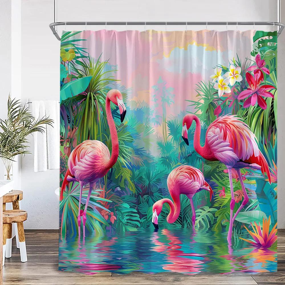 Flamingo Shower Curtain Set Pink Bird Tropical Leaf Rainforest Jungle Bathroom Decor Spring Summer Bath Mat Toilet Lid Cover