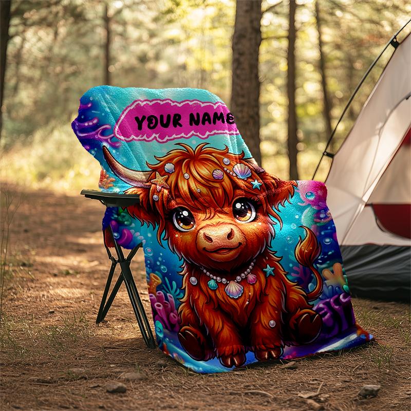 1PC Custom Name Fantasy Cow Coral World Flannel Blanket Versatile,all-season Throw Suitable for the Living Room,bedroom,camping,travel,and Gift