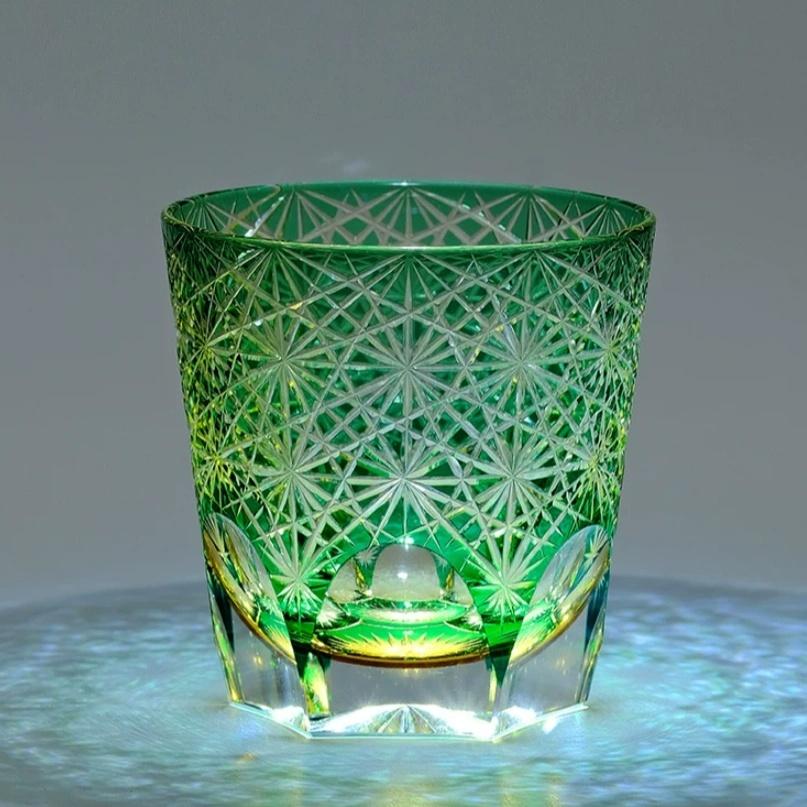 Handcrafted Edo Kiriko 240ml 320 ml Amber Colored Rocks Whiskey Tumbler Cocktail Glass for Home Bar Decor