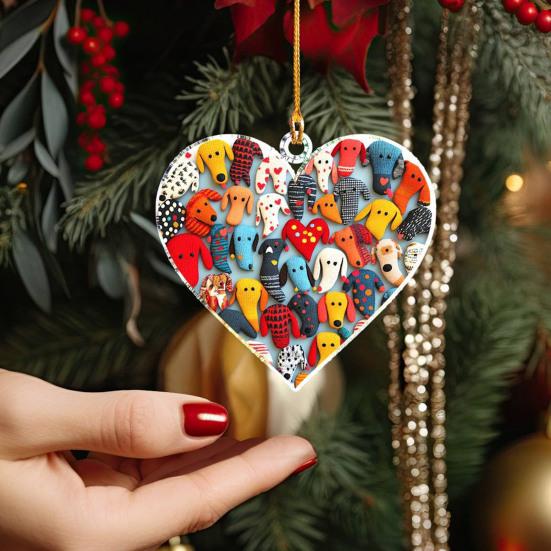 Love Heart Dachshund Christmas Ornament Xmas Tree Car Rearview Mirror Acrylic Hanging Heart Shape Dog Decoration Holiday Party Pendant