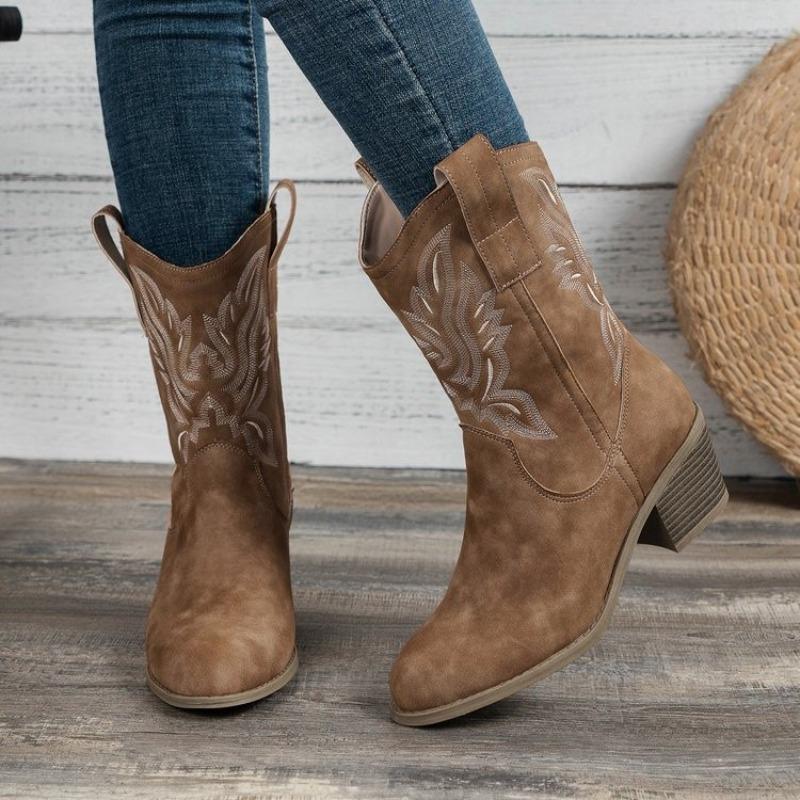 Damskie Plus Size Europejski Amerykański Styl Haftowane Kowbojki Western Nowe Jesienne Botki do Połowy Łydki do Jazdy Konnej Botki Sztyblety Martin