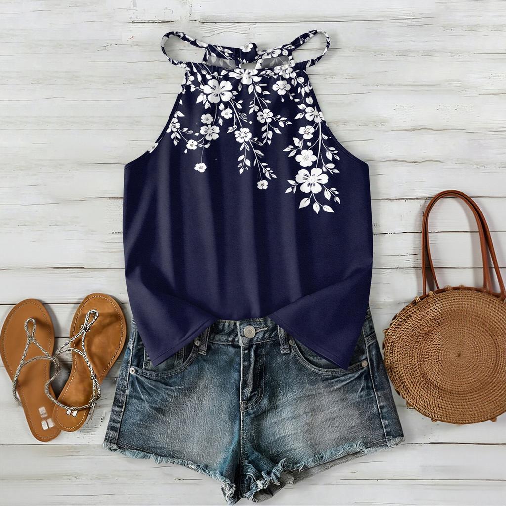 Women Sleeveless Bohemian Floral Print Tank Top Loose Fit Neck Blouse Casual Summer Lightweight Camisole Shirt
