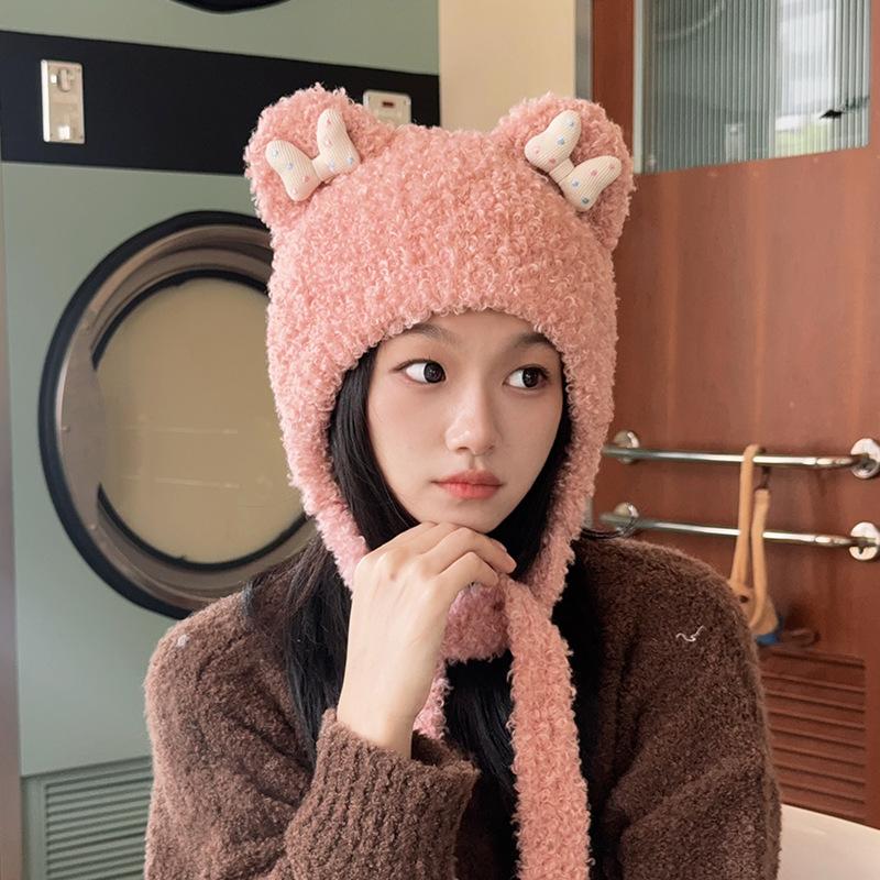 Korean cute bow plush circle bear hat women's thickened warm knitted headgear ear cap