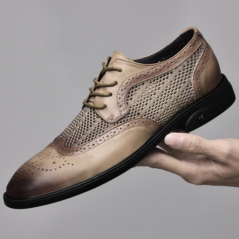 Men's Genuine Leather Shoes Hollow Out Breathable Casual Shoes Business Leather Shoes Men's Formal Shoes Low Heel Pointed Trend