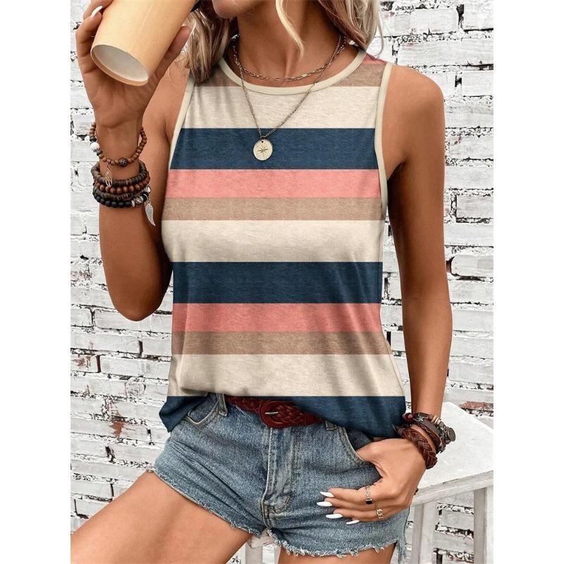 Women's Sleeveless Round-neck Vests Fashionable Geometric Color Block Printed Summer Street Fashion Casual Wear