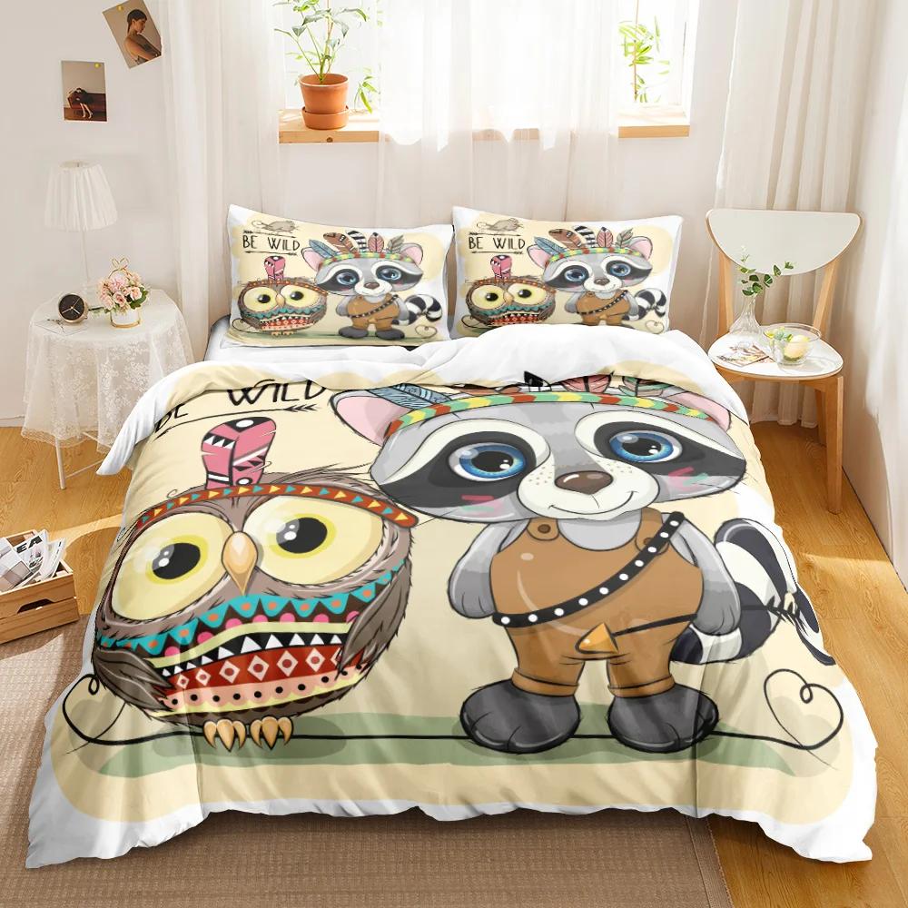 Owl Duvet Cover Set Cartoon Comforter Cover Happy Birthday Theme Bedding Set Cute Bird Polyester Quilt Cover Twin Size For Kids