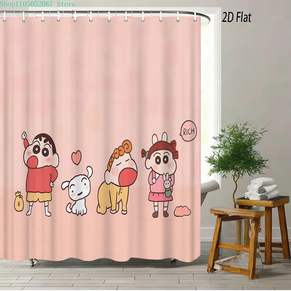 Crayon Shin-Chan Umbrella Walking Cartoon 2D Print Waterproof Shower Curtain, Minimalist White Bathroom Decor With Hooks