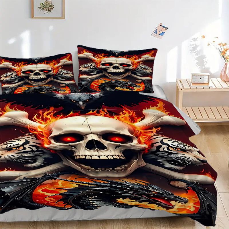 

3pcs Skull Flames Duvet Cover Set, Cover For Bedroom Guest Room (1 Duvet Cover + 2 Pillowcase, Without Quilt), yy250922140 135x200cm