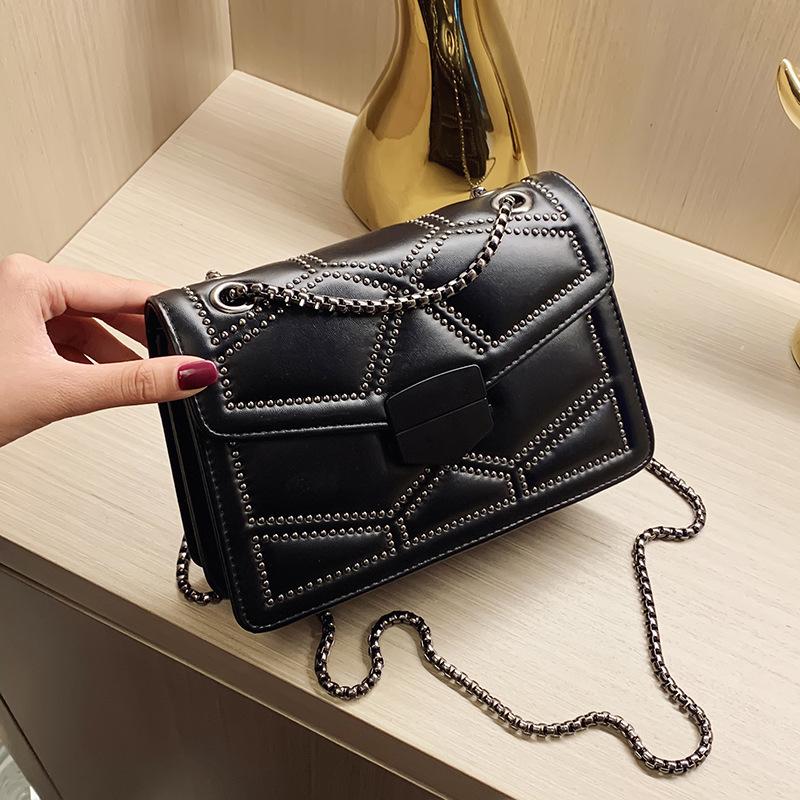 Retro Rivet Chain Small Shoulder Bag Women's Flap PU Leather Fashionable Square Crossbody Bag