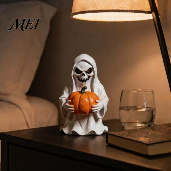 Durable Resin Halloween Ornament White Ghost Pumpkin Statue, Spooky Holding Mini Unique Sculpture for Office Figurine Garden Yard Tabletop Mantel Home