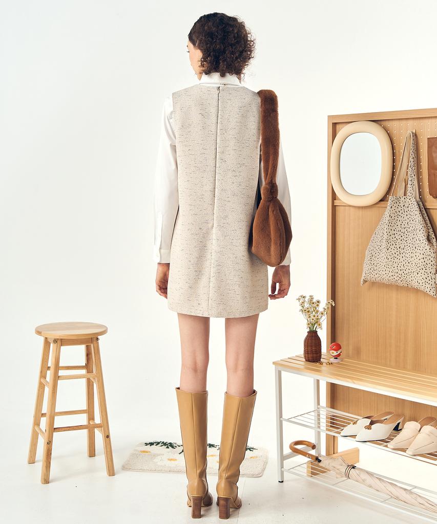 Pelimela Twill V-Neck Mini Dress (Beige)