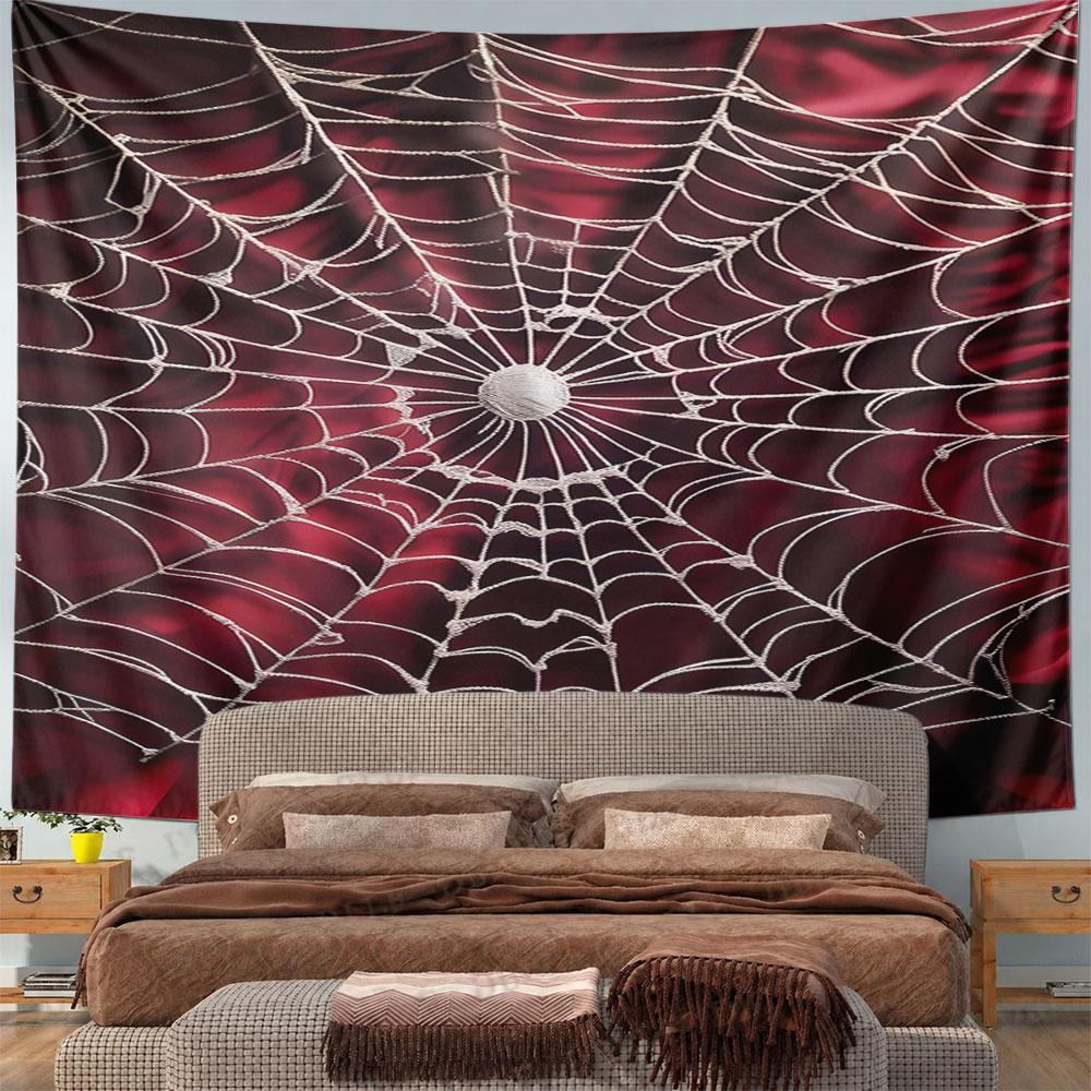Spider Web On Red Satin Background Pattern Wall Hanging Tapestry Decorative Tapestry Home Decor for Bedroom and Living Room