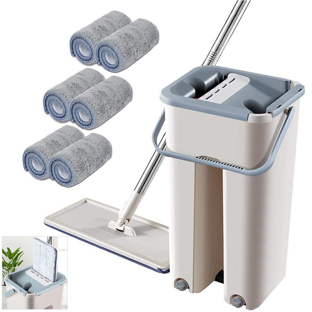 Microfibre Flat Mop with Telescopic Rod and Barrel Rotatable Mop for Home