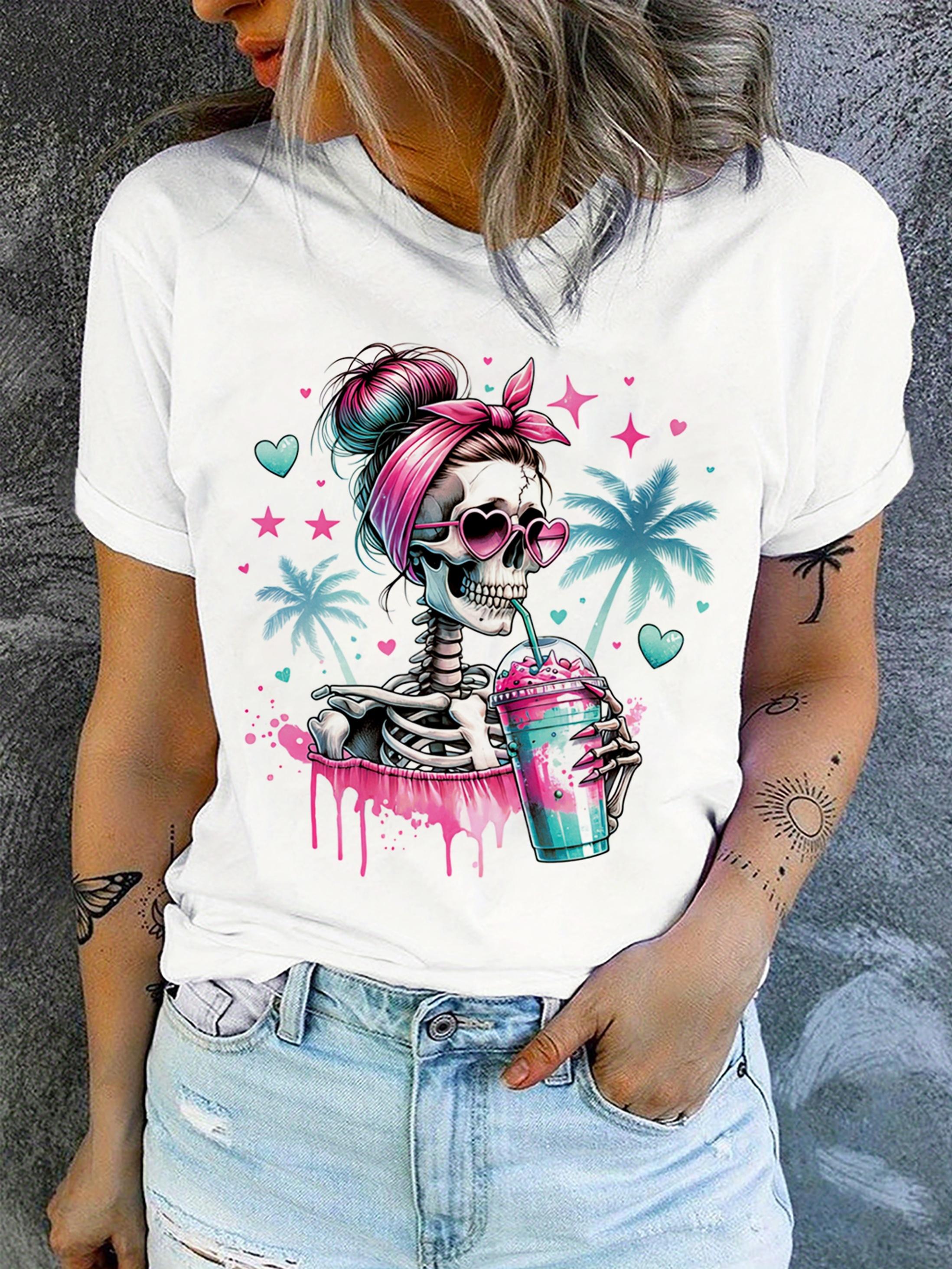 

Skull Print Crew Neck T-shirt. Comfy Short Sleeve Casual T M дубильная кора