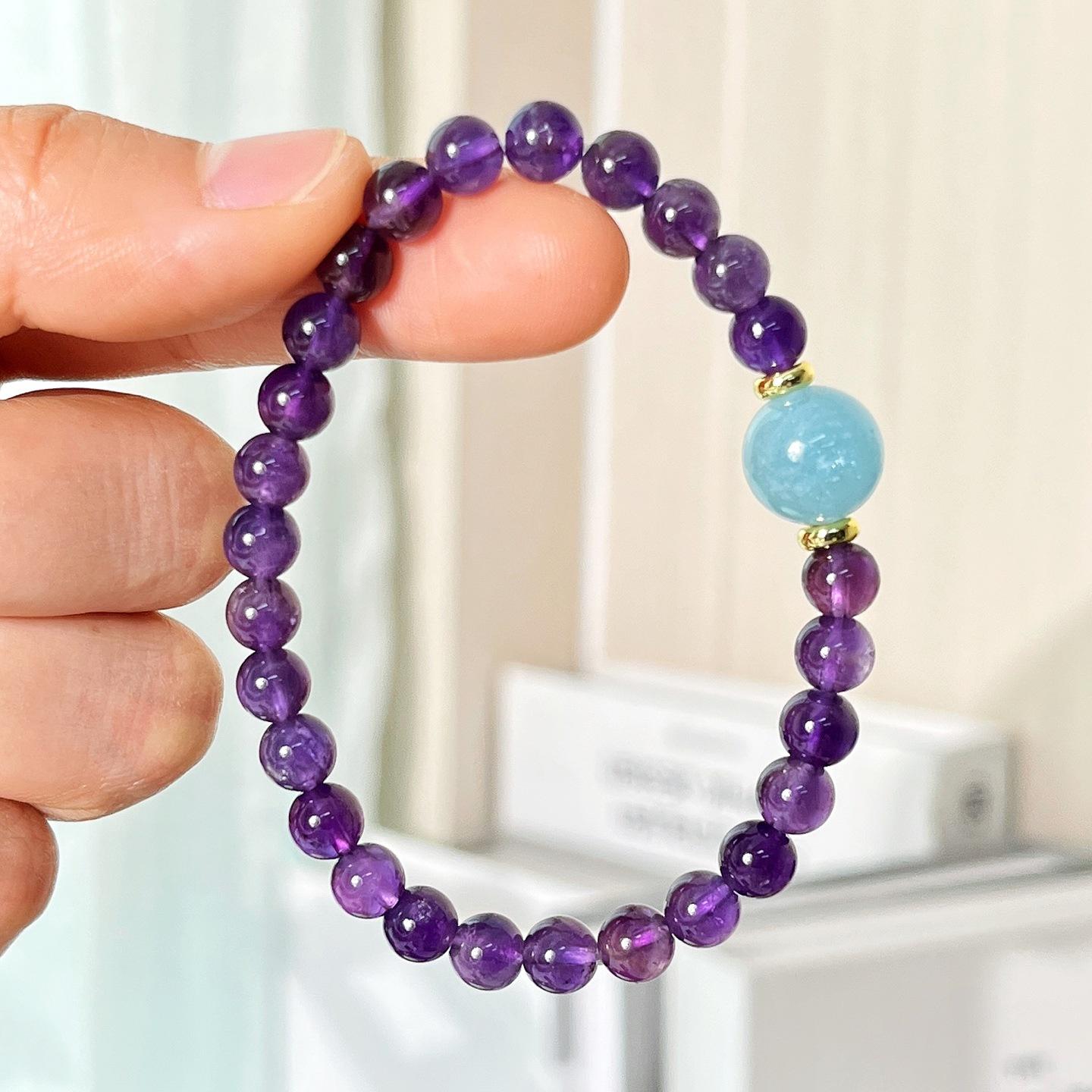 

6Mm Uruguayan Royal Violet Natural Amethyst Aquamarine Design Bracelet