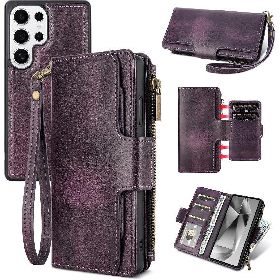 JGY Wallet Case for Samsung Galaxy S25 Ultra PU Leather Detachable Magnetic Wallet Case with Removable Minimalist Front Pocket 5 Card Holder Hand