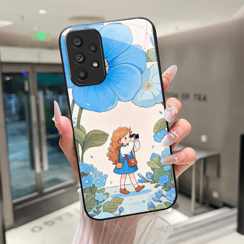 Süße Cartoon-Katzen Blumen Hülle Für Samsung Galaxy A52 A52S A72 4G 5G Gehärtetes Glas Handyhülle Schutzhülle Rückseite Hartschale