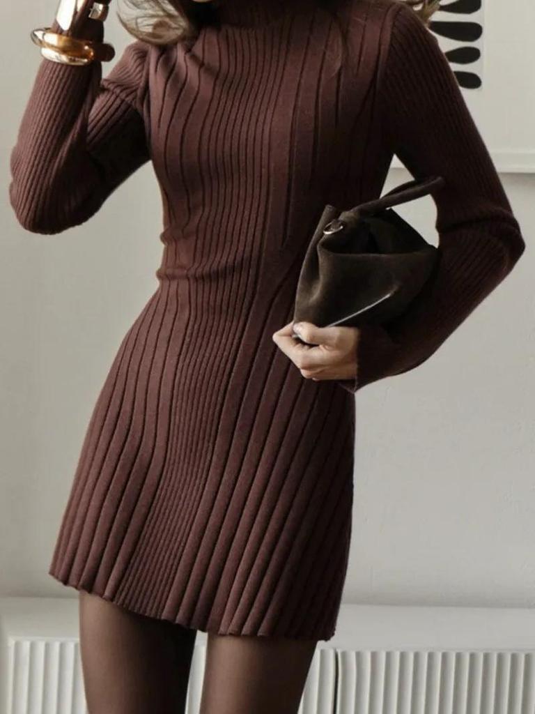 2025 European & American High Neck Long-Sleeve Bodycon Knit Dress - Solid Color