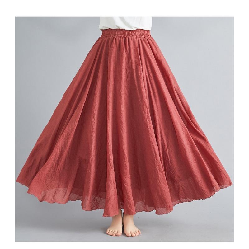 Long A-line Skirt In Cotton and Linen with Elastic Waist In Pure Color for Summer and Autumn