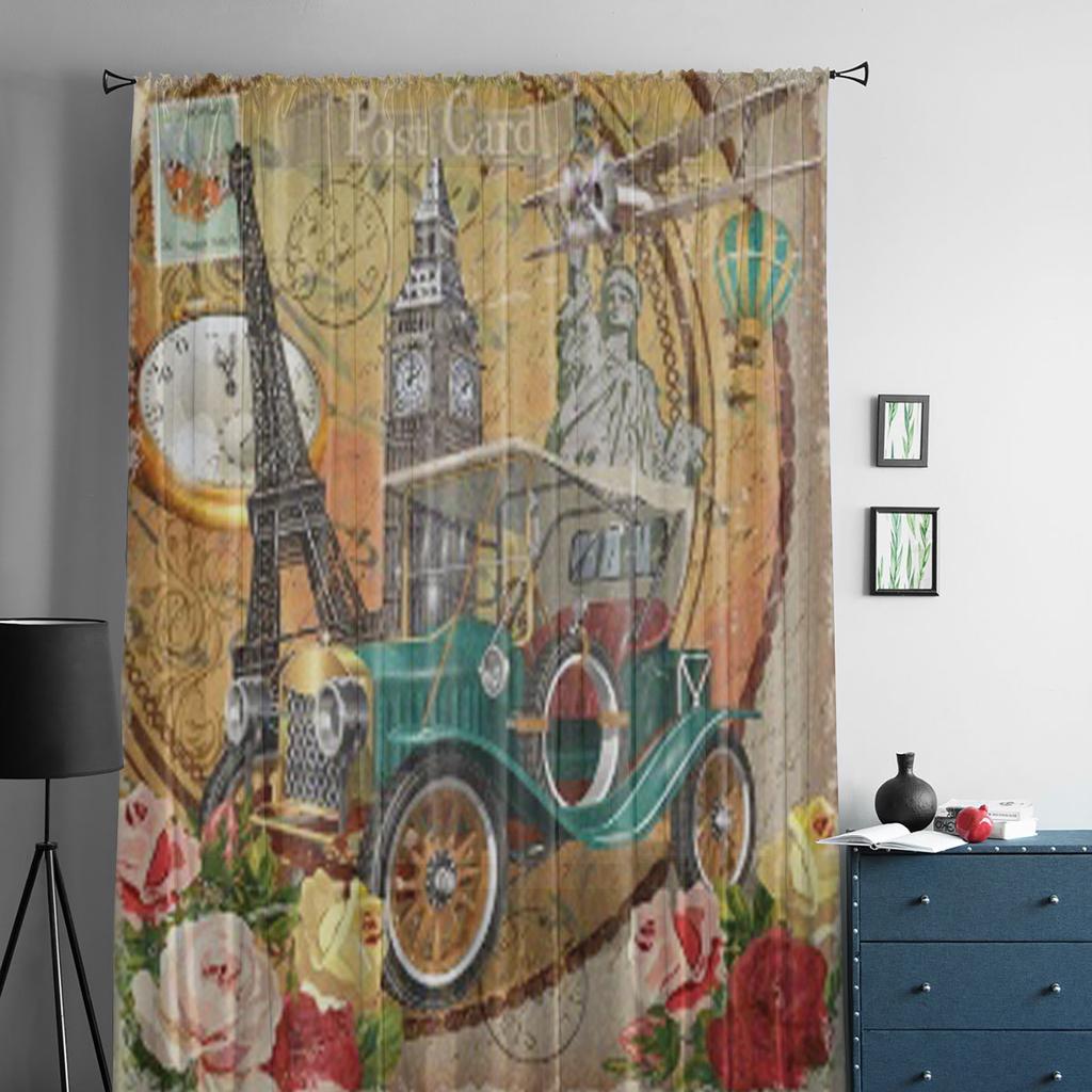 Travel Around The World Vintage Poster Sheer Curtains for Living Room Tulle Window Curtain Bedroom Kitchen Veil Drapes
