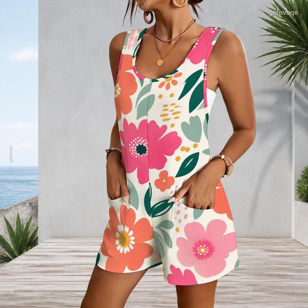 Womens Sleeveless Tank Romper Plus Size Patch Pocket