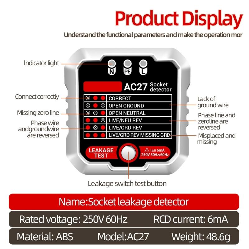 Outlet Tester Advanced Receptacle Tester with Voltage-Display 250V Power Socket Automatic Electric Circuit Polarity-