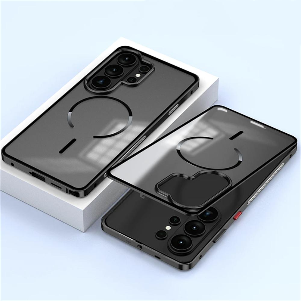 Luxury For Magsafe Magnetic Wireless Charging Phone Case For Samsung Galaxy S26 S25 S24 S23 Ultra Plus Aluminum Metal Clear Bumper Cover