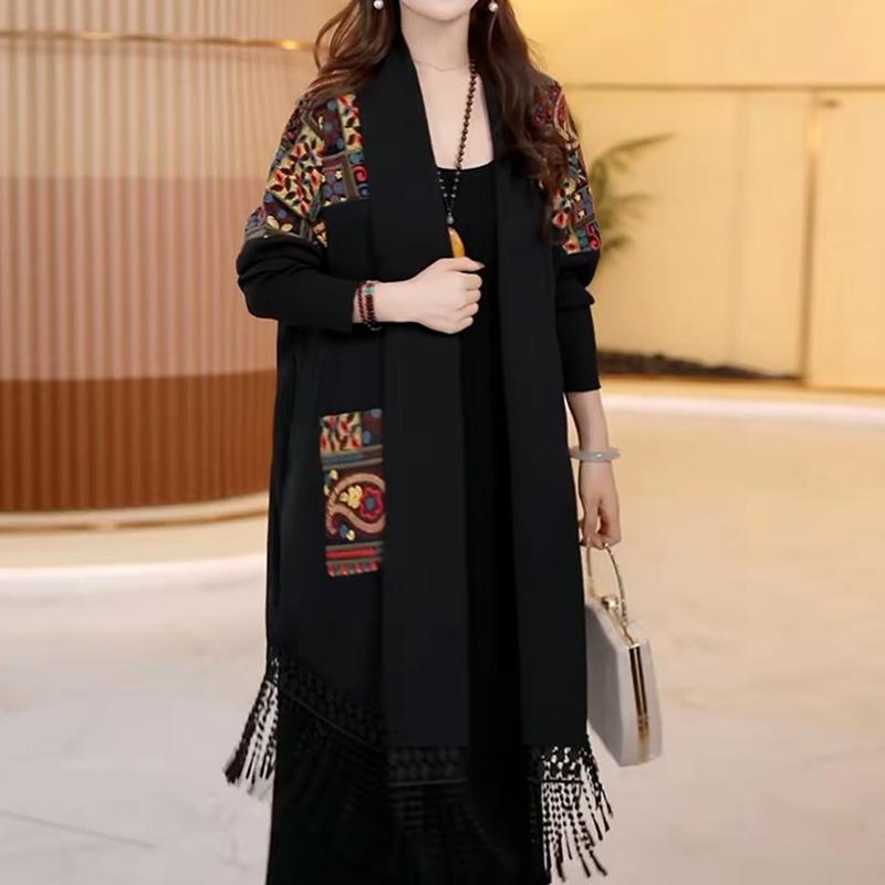 

Женское модное пальто с жаккардовым лацканом 2025 - Осенний тренд, Одежда для мамы, Зарубежный стиль, Длинный рукав 2XL (105-120 lbs) чёрный
