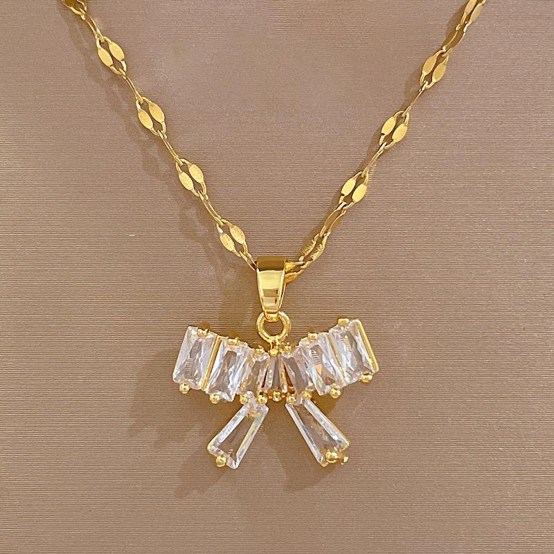 Necklace Earrings Set Light Luxury Full Diamond Bow T Zirconium Personality Banquet Earrings Necklace