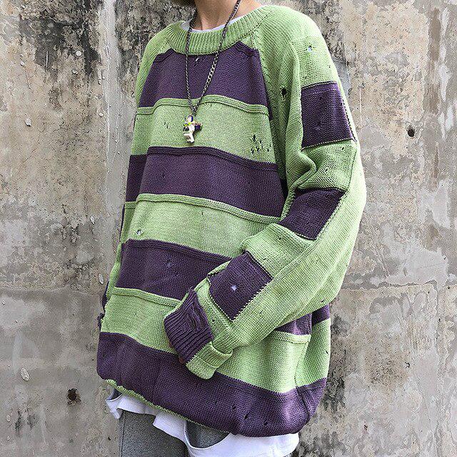 

Осенне-зимняя версия, свободный повседневный свитер в стиле ретро с контрастной полоской и отверстием, ленивый тренд L зелёный