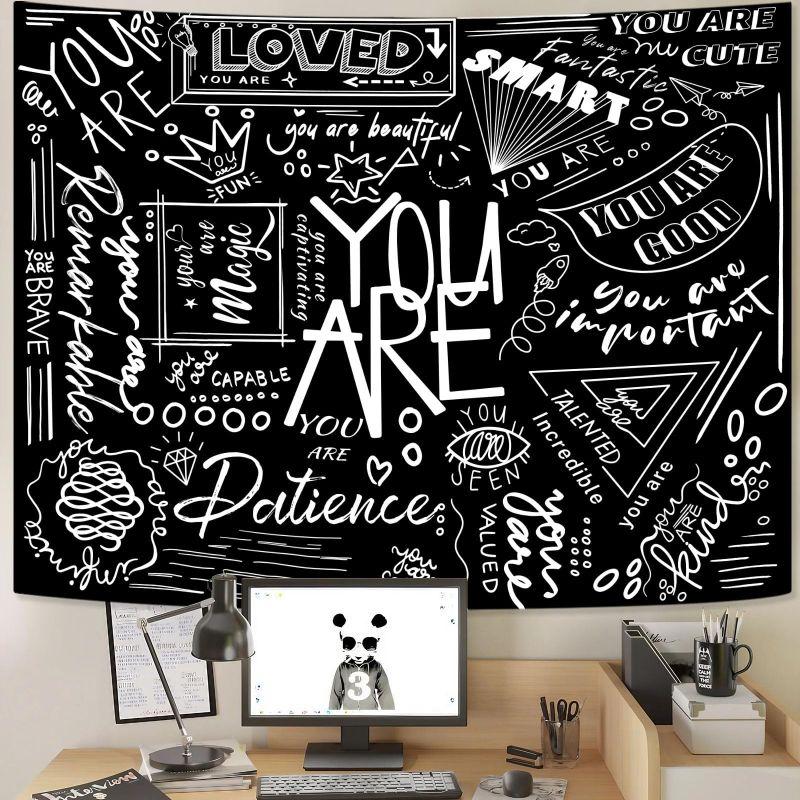 You Are Loved Smart Cute Blackboard Wall Tapestry Positive Affirmation Doodle Quote Heart Star Bedroom Living Room Dorm