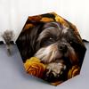 Muster mit Shih Tzu und Blumen, automatisch faltbarer Regenschirm, tragbares und faltbares Design, 8 Schirmstäbe, ein Weihnachts- oder Geburtstagsgeschenk.